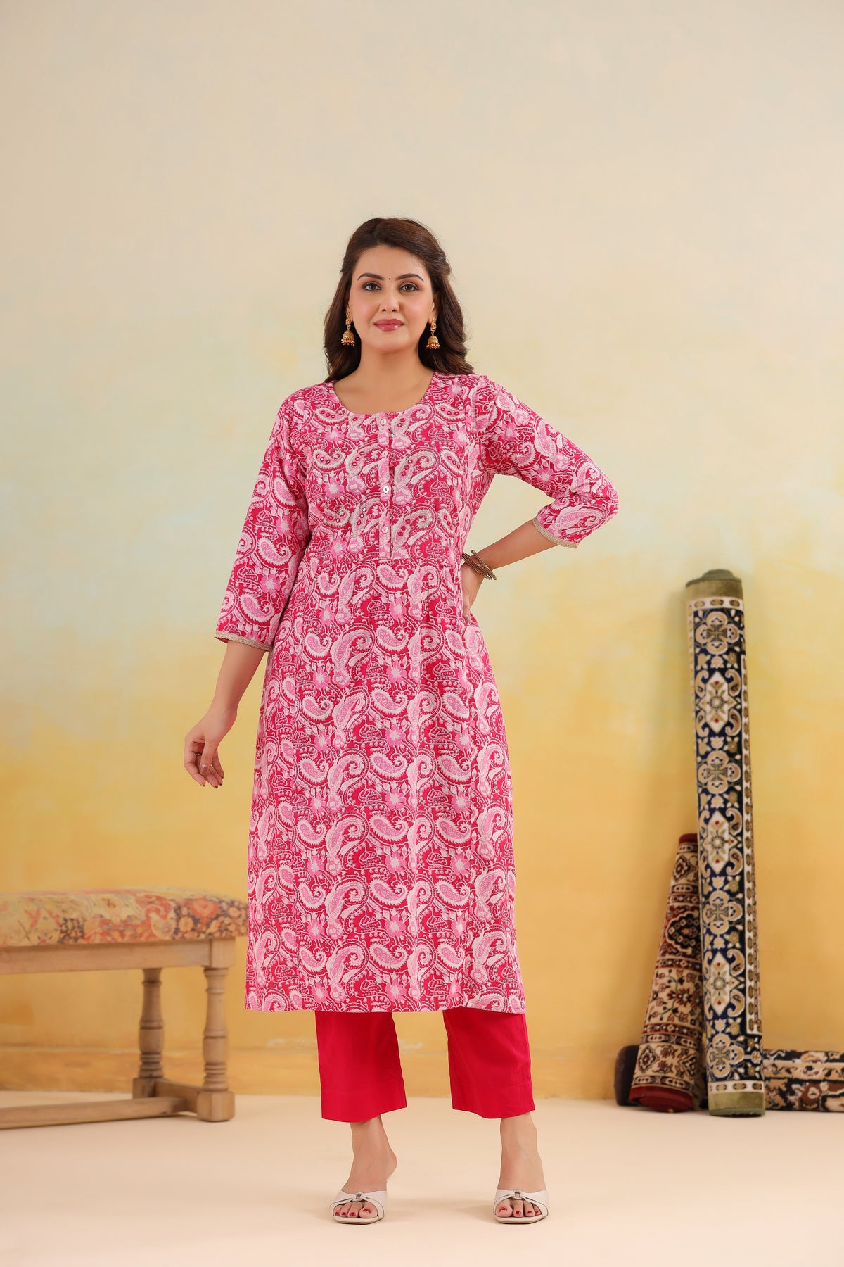 Pink paisley print cotton kurta with red palazzo pants for women, elegant daily wear outfit