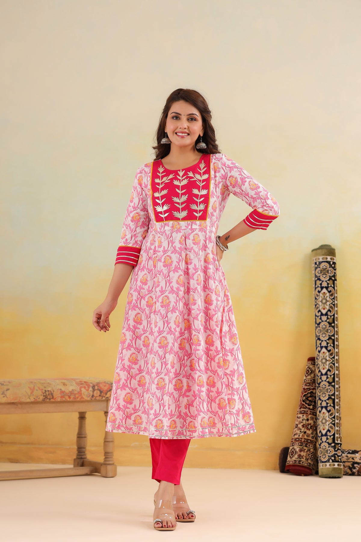 Pink floral print cotton kurta with red embroidery and matching pants for women
