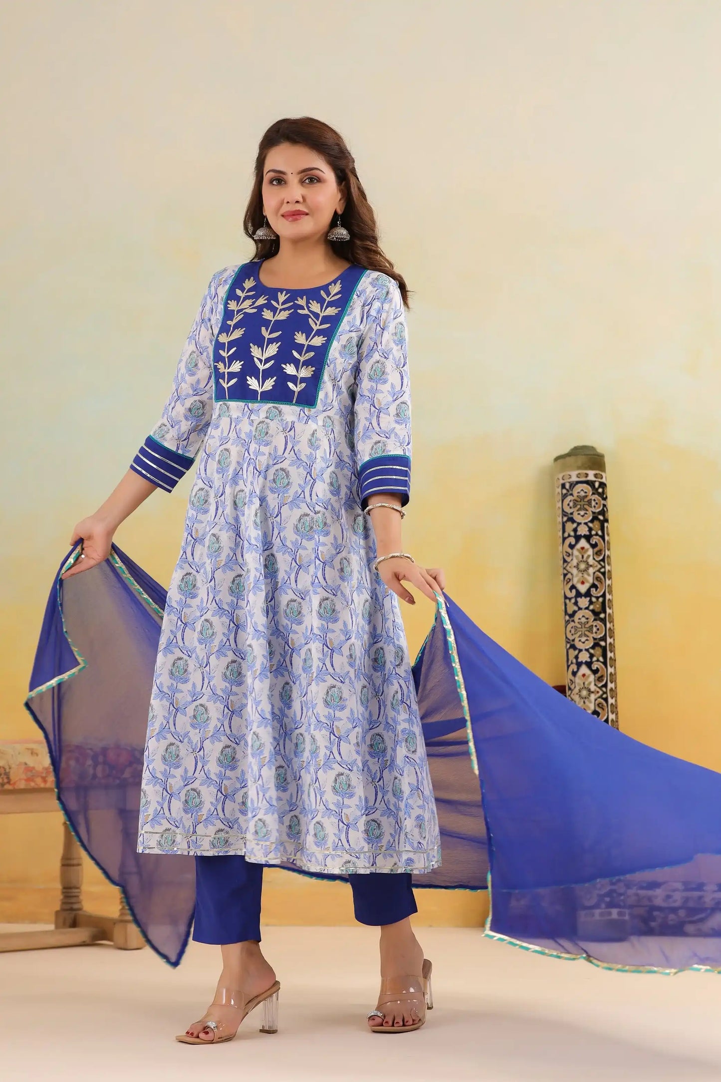 Blue and white floral print cotton kurta set with embroidered yoke and matching dupatta for women