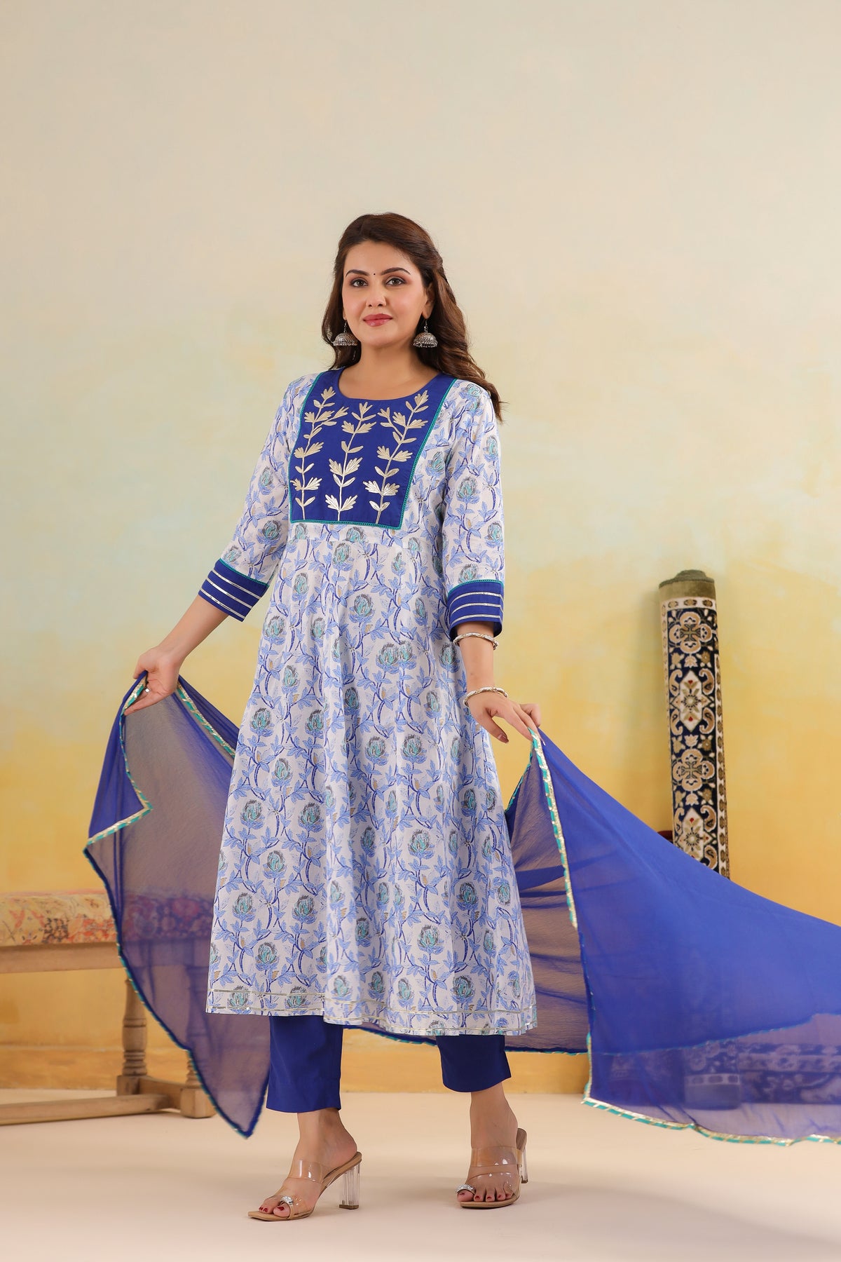 Blue and white floral print cotton kurta set with embroidered yoke and matching dupatta for women