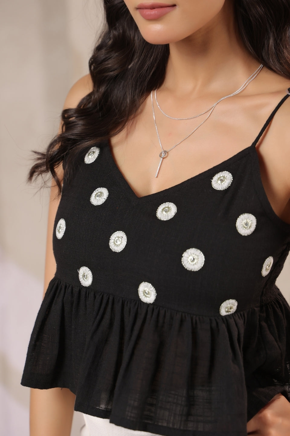 Black Embroidered Peplum Top Cotton Strappy Party Wear