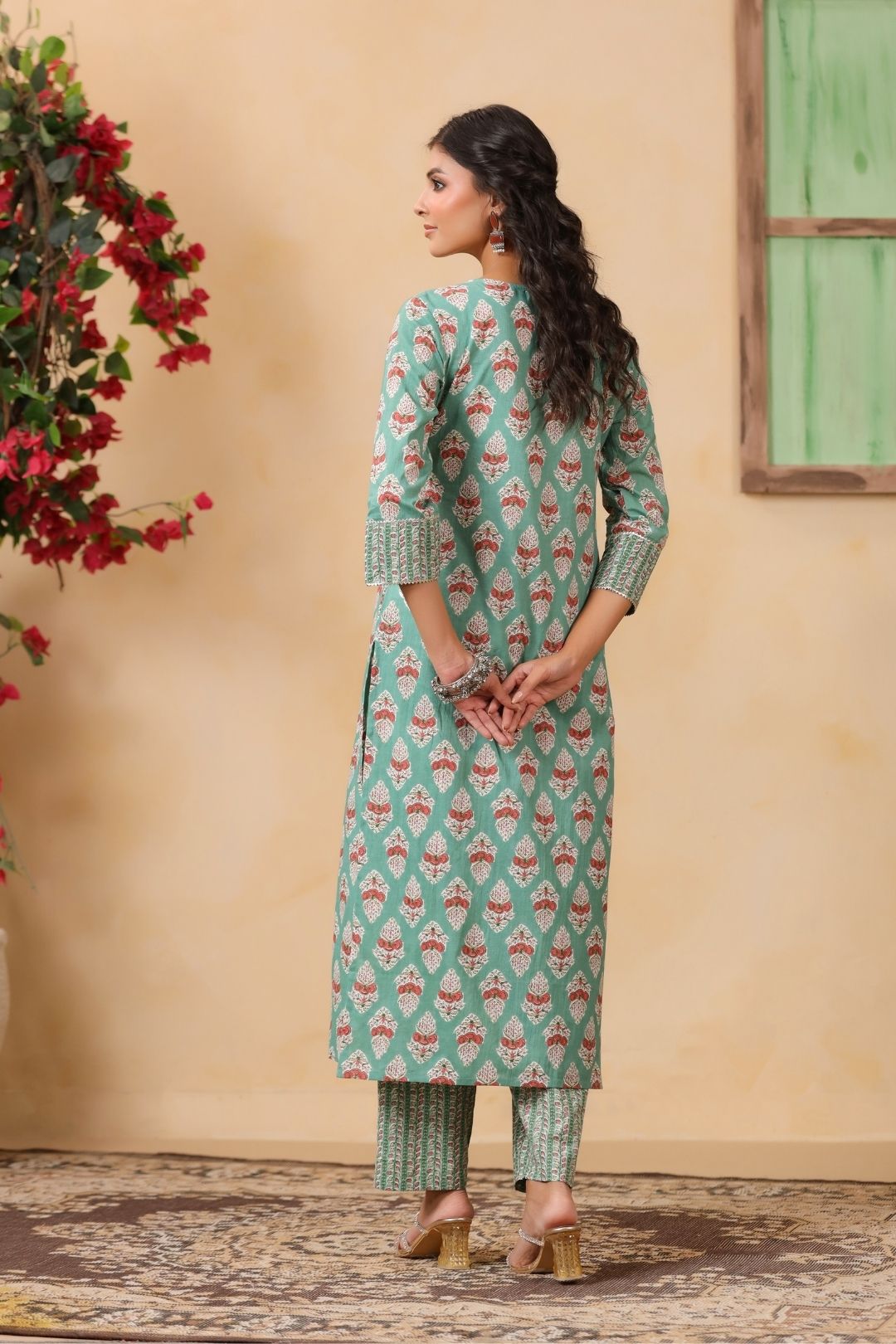 Green Mughal Print Cotton Kurta Set