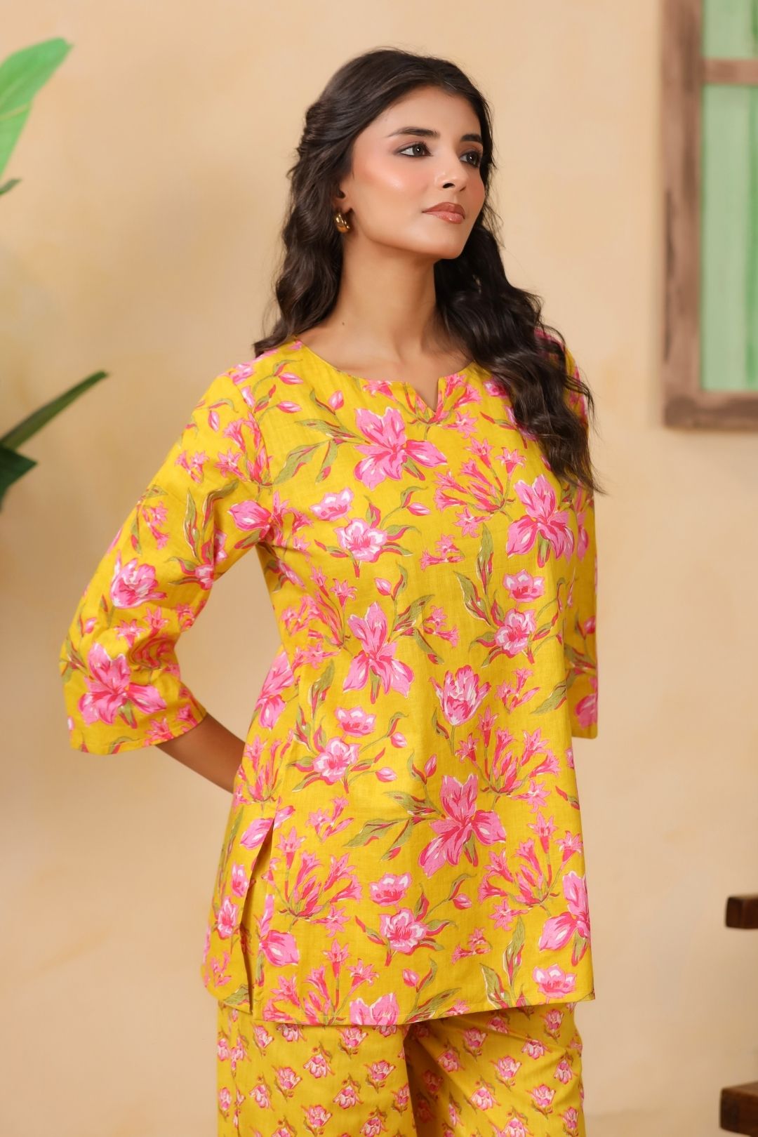 Mustard Floral Motifs Night Wear Set