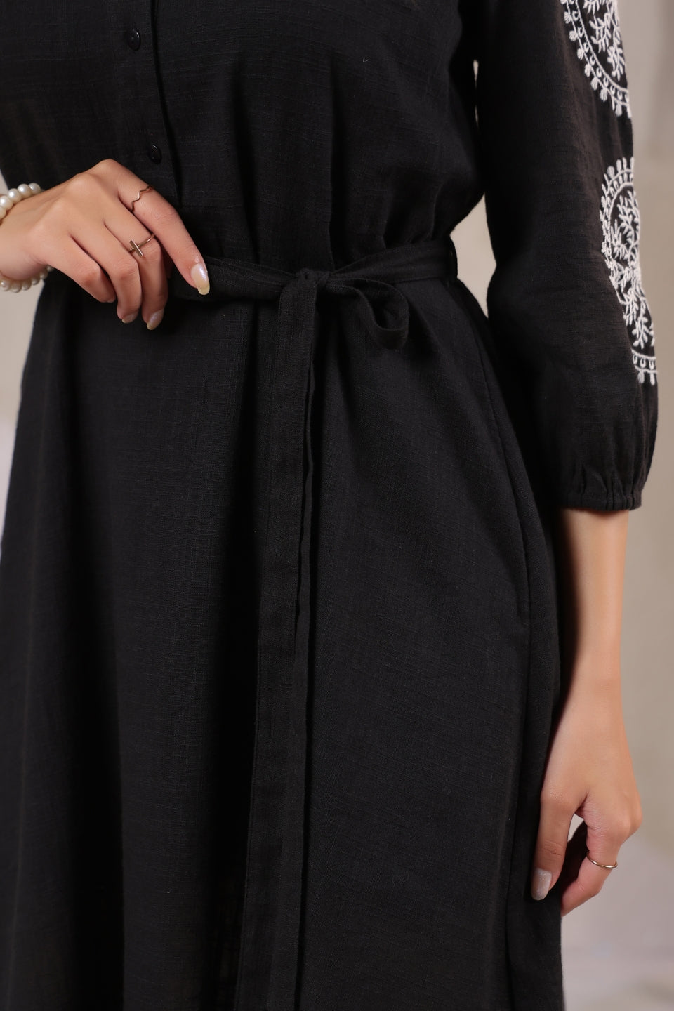 Black Embroidered Cotton Midi Dress for Women