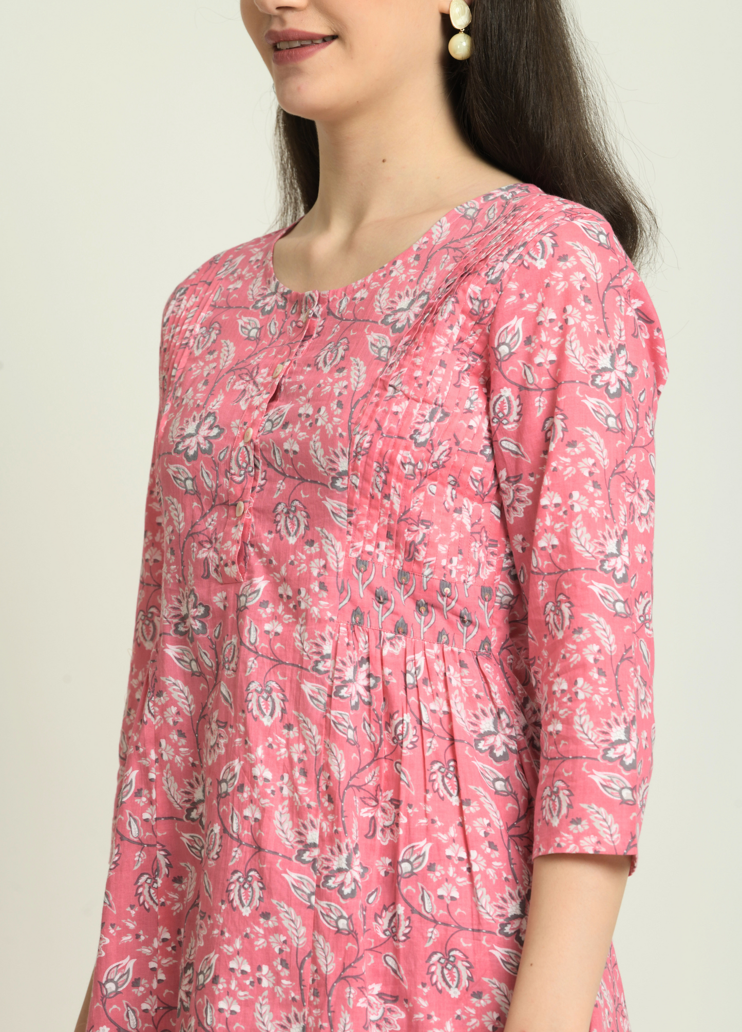 Pink floral print cotton kurta with button placket and pleated detailing for women's daily wear