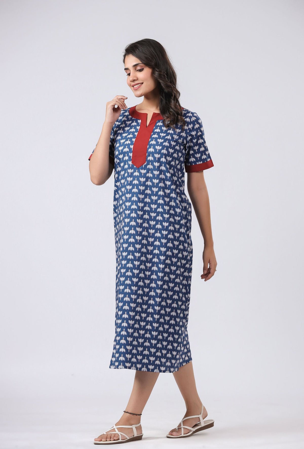 Blue printed cotton kurta with red neckline, perfect for daily wear or office