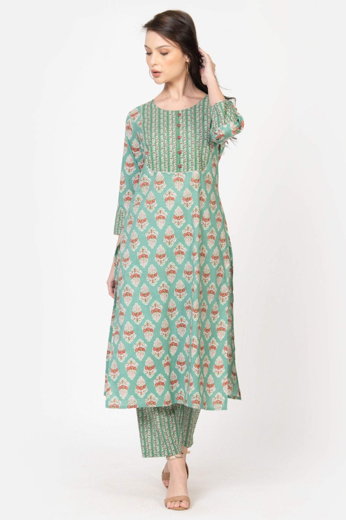 WOMEN’S MUGHAL BUTA PRINT IN GREEN STRAIGHT KURTA WITH PANT SET