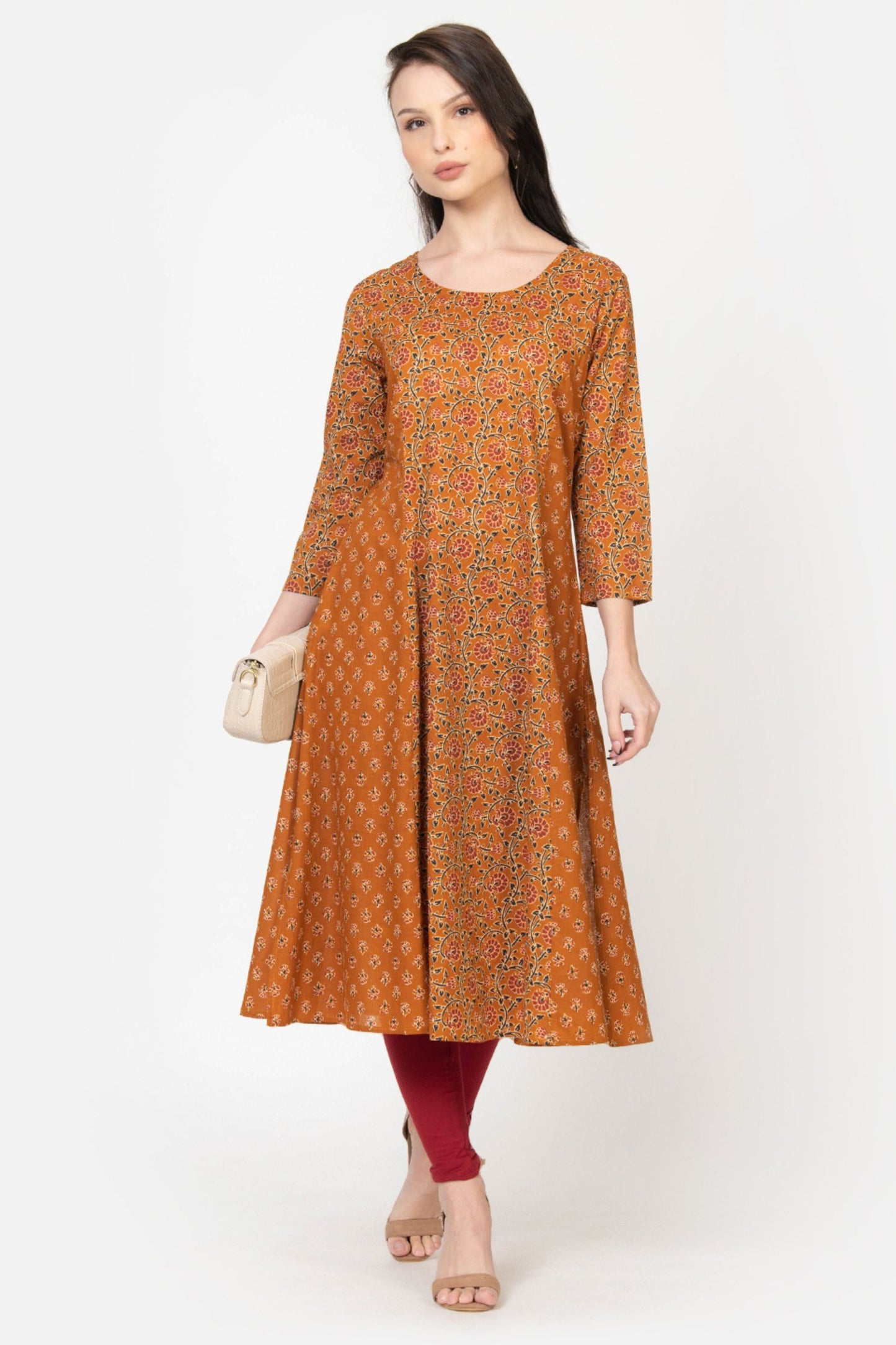 WOMEN'S OCHRE AND MUSTARD A- LINE KALI KURTA