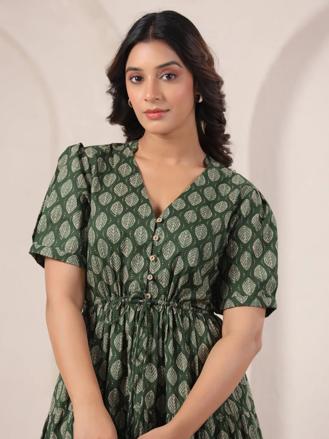 Green leaf-print cotton kurta with puff sleeves and drawstring waist, elegant daily wear for women