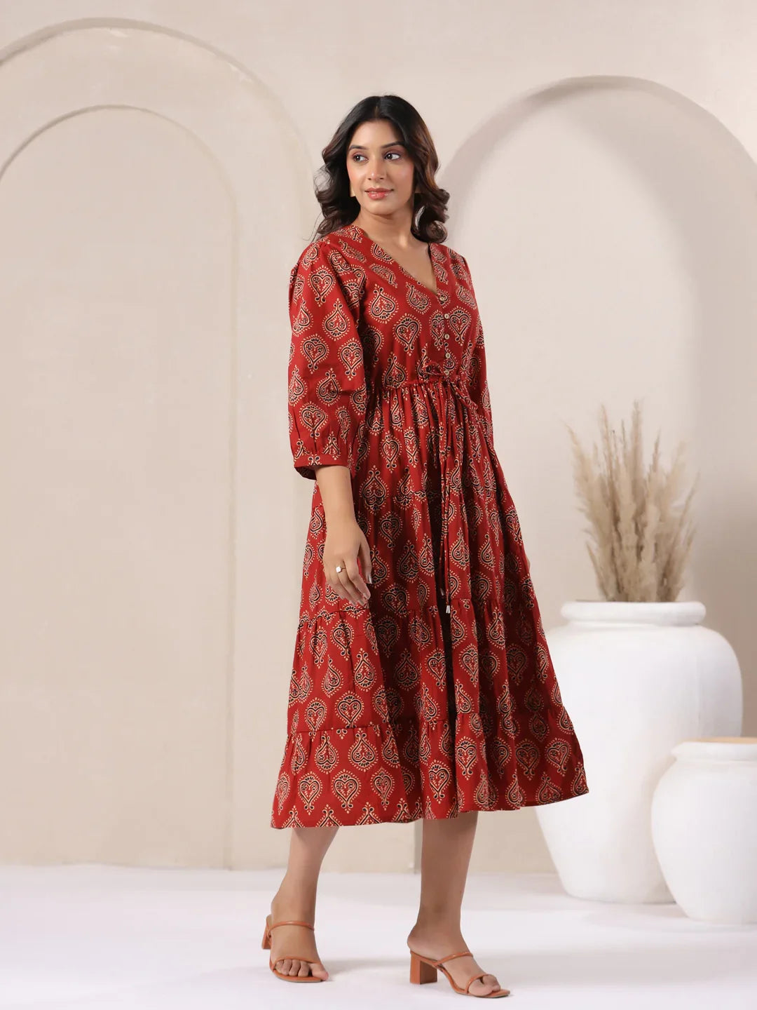 Red paisley print cotton kurta dress for women, elegant daily wear with V-neck and tiered skirt