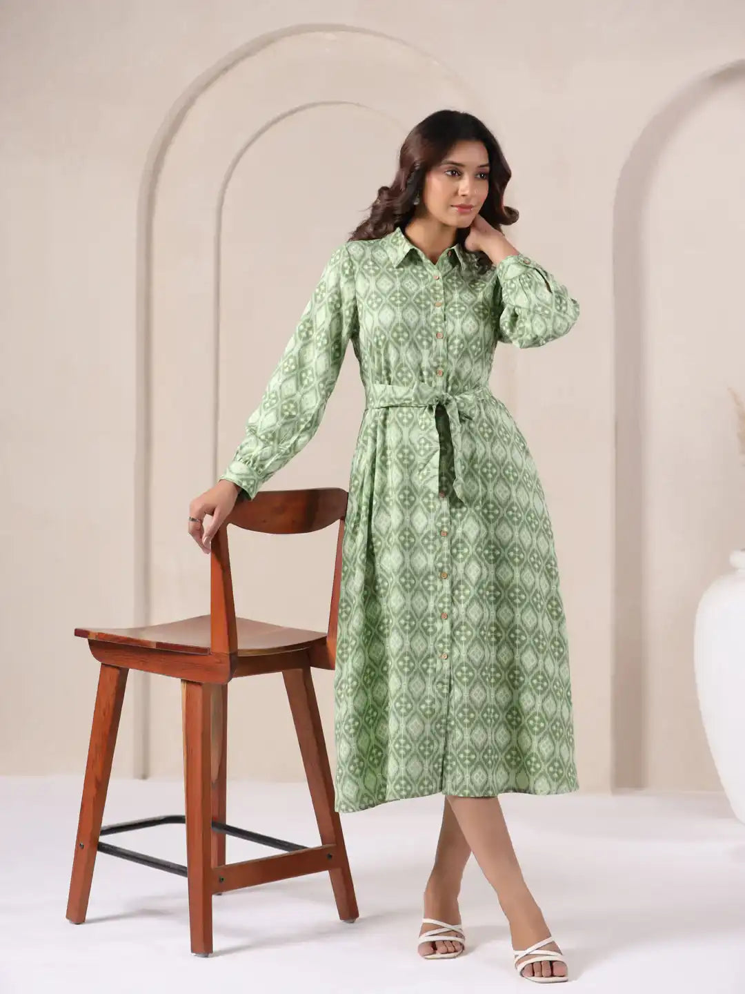 Green printed cotton kurta dress with tie waist, elegant for daily wear or office