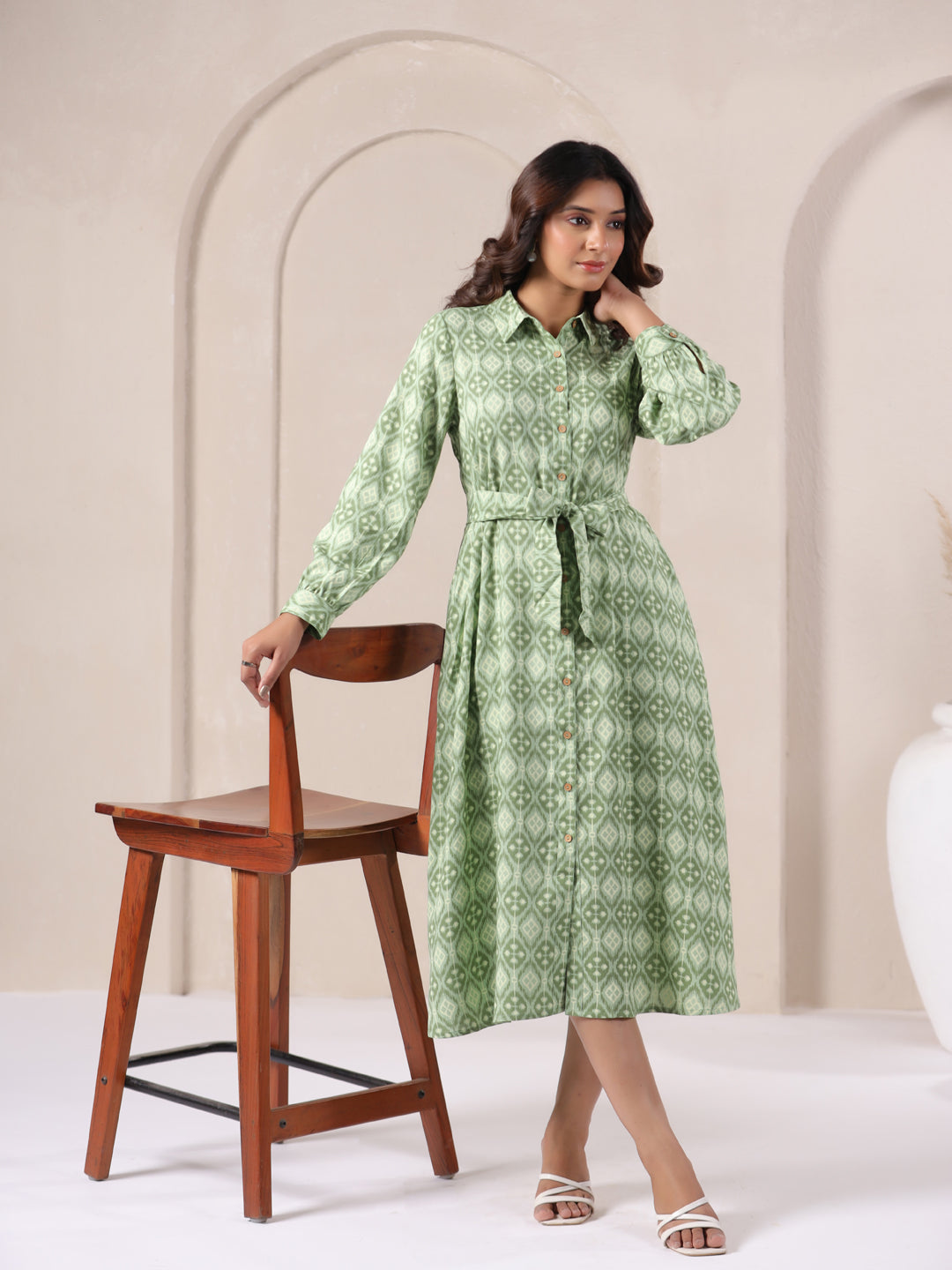 Green printed cotton kurta dress with tie waist, elegant for daily wear or office