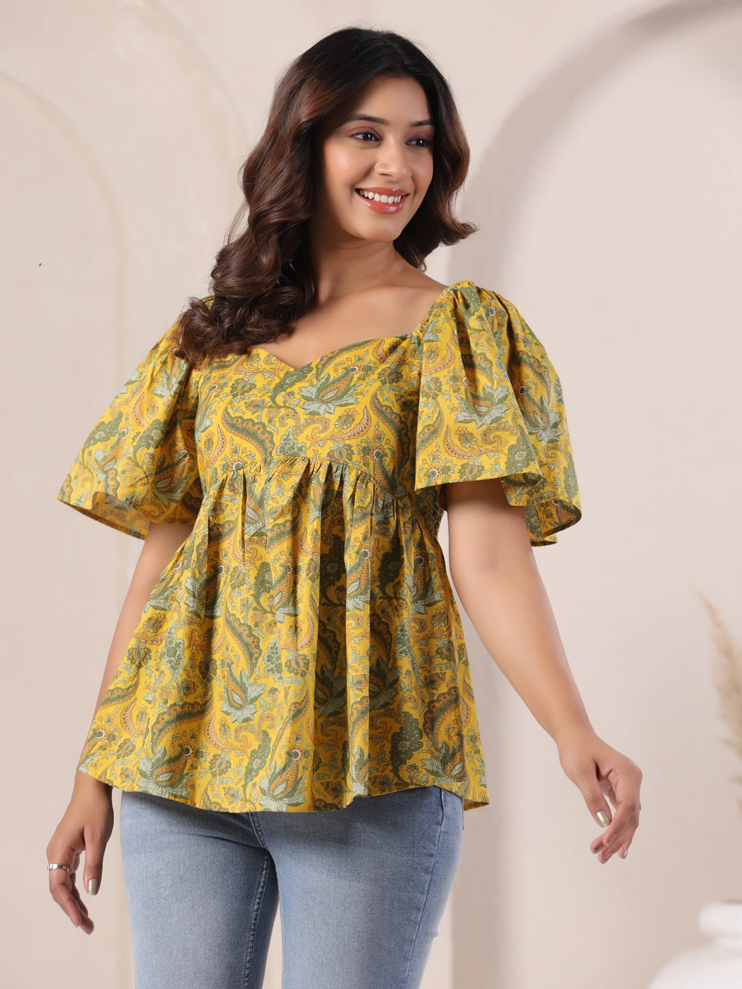 Yellow paisley print cotton top with puff sleeves for women, stylish daily wear