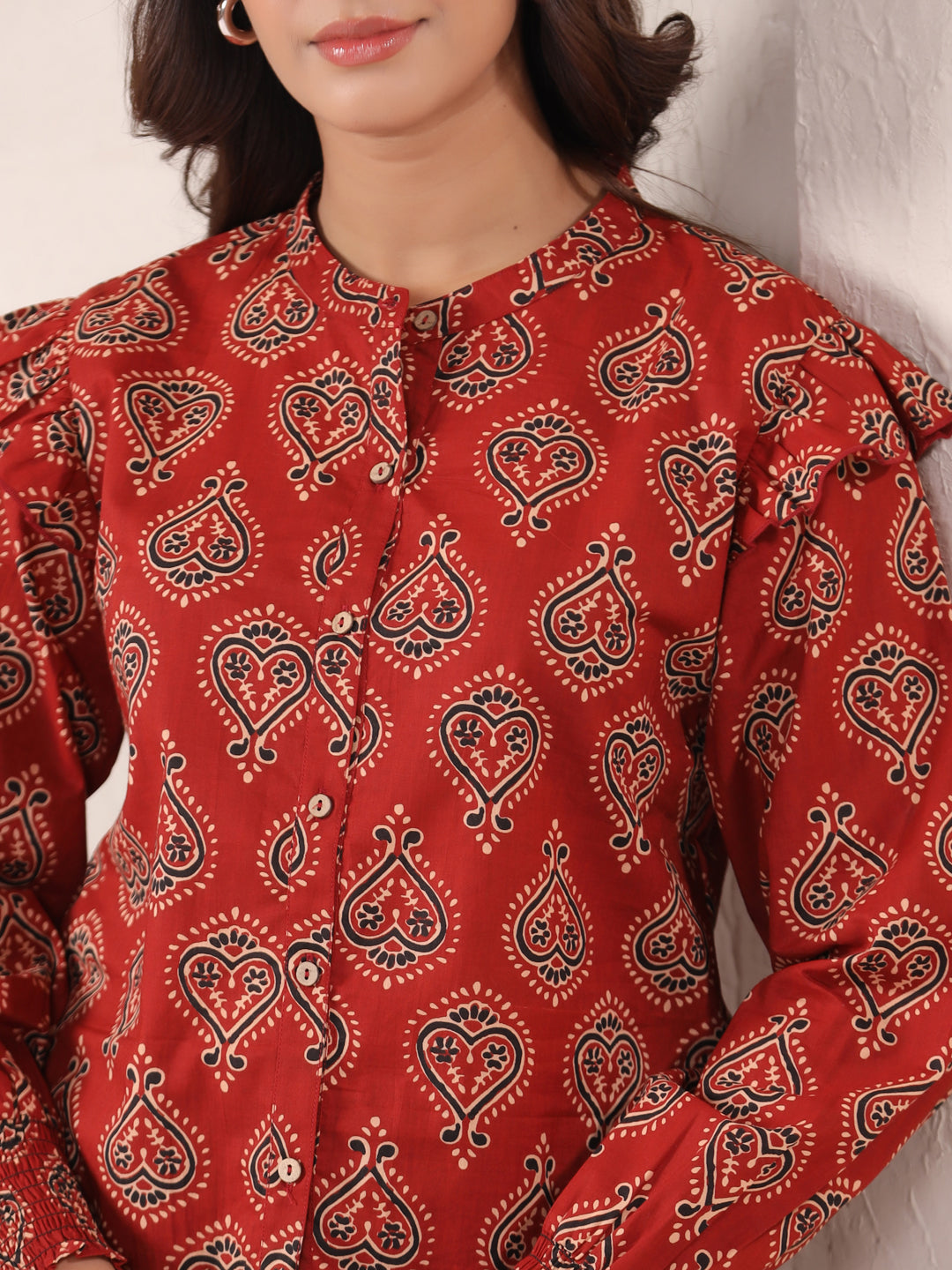Red cotton kurta with black and white heart paisley print, button front, puffed sleeves for women