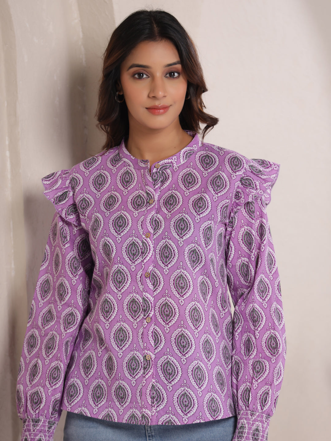 Purple printed cotton kurta with ruffled sleeves for women, elegant daily wear