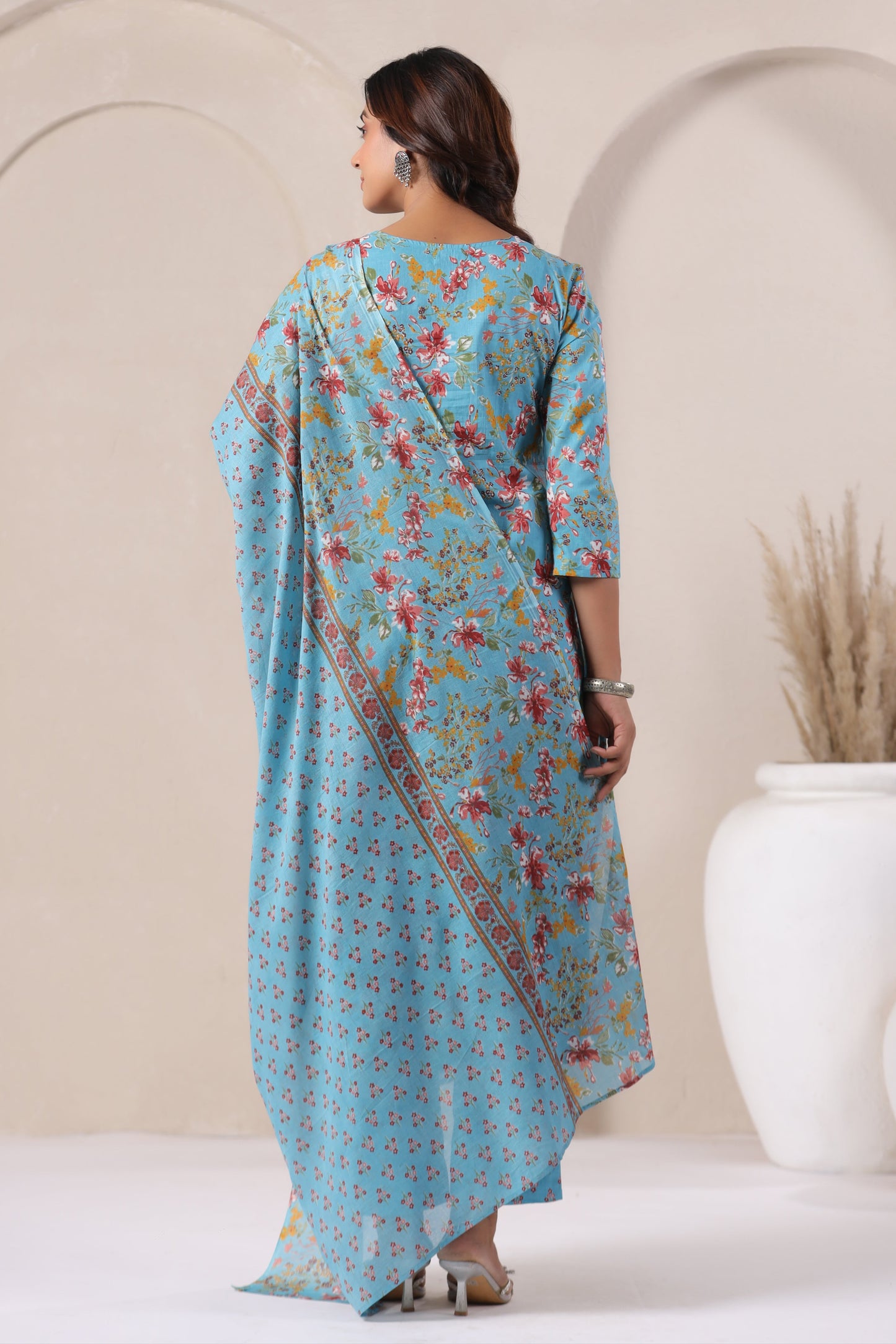Floral Cotton Suit in Deep Sky Blue Back