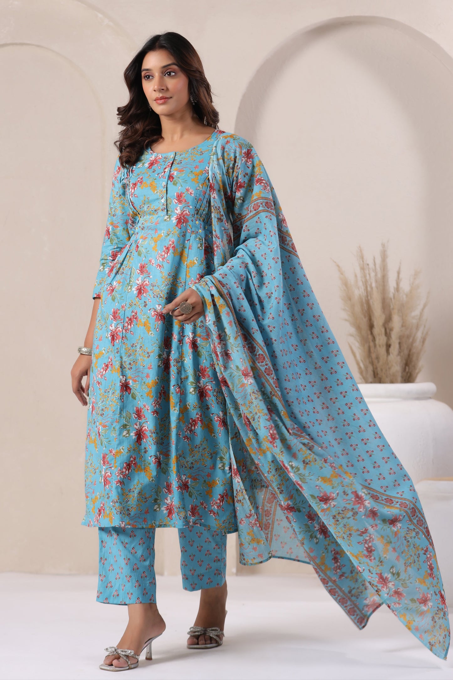 Floral Cotton Suit in Deep Sky Blue Side1