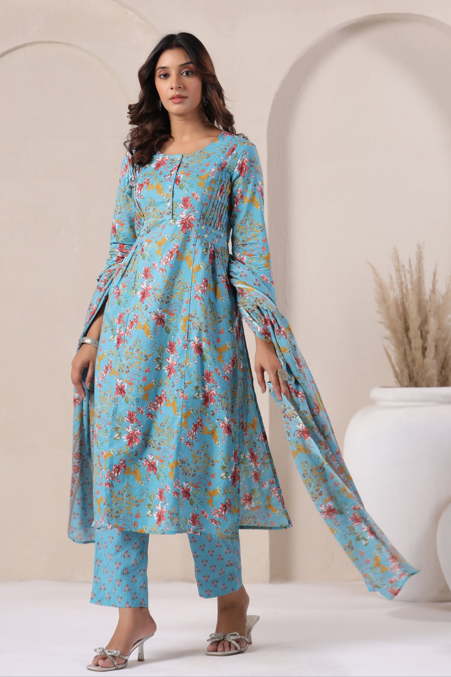 Floral Cotton Suit in Deep Sky Blue Side
