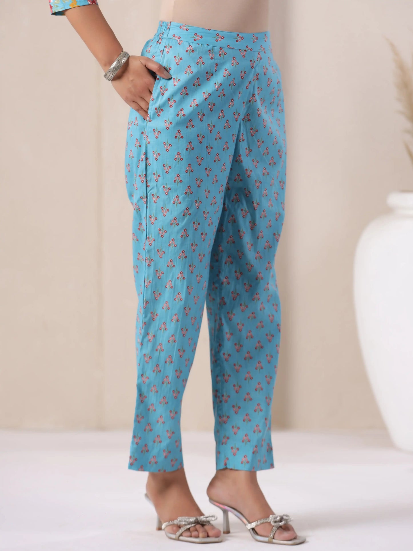 Blue floral print cotton pants for women, stylish and comfortable for daily wear