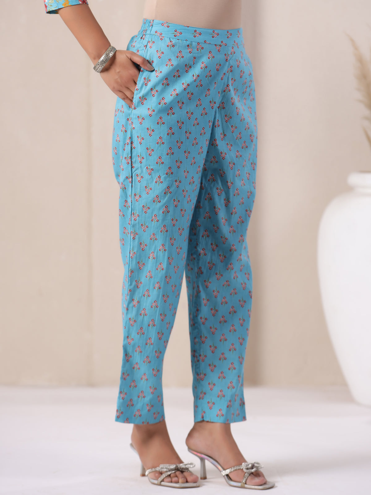 Blue floral print cotton pants for women, stylish and comfortable for daily wear