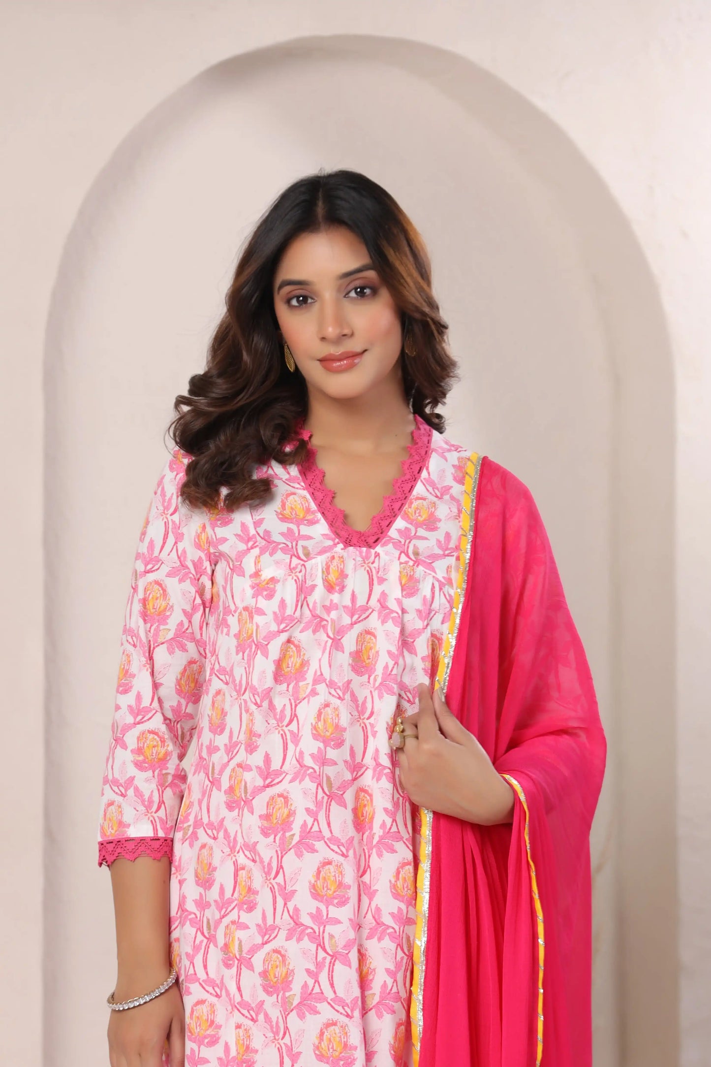 Pink floral cotton kurta set with matching dupatta for women