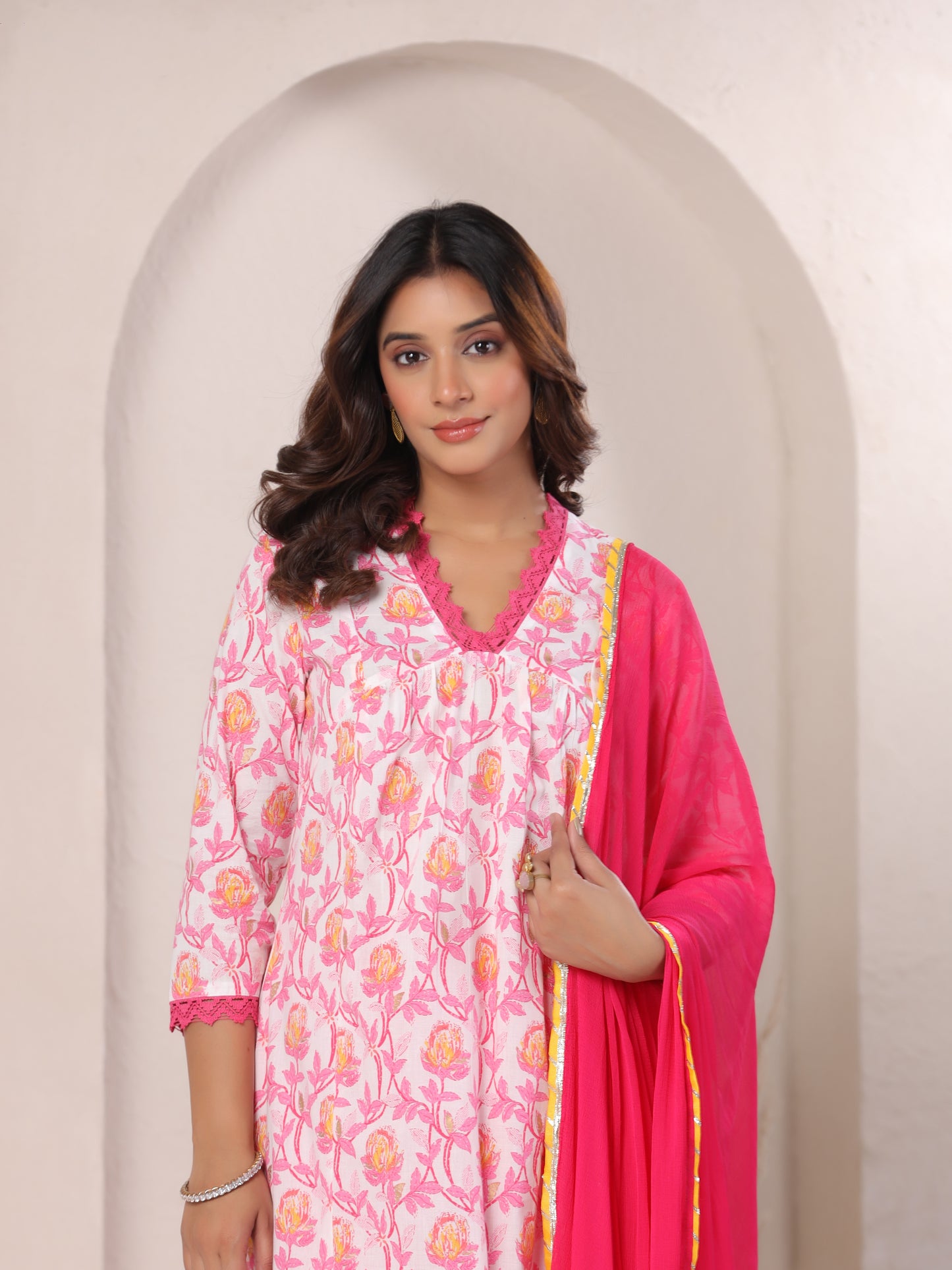 Pink floral cotton kurta set with matching dupatta for women