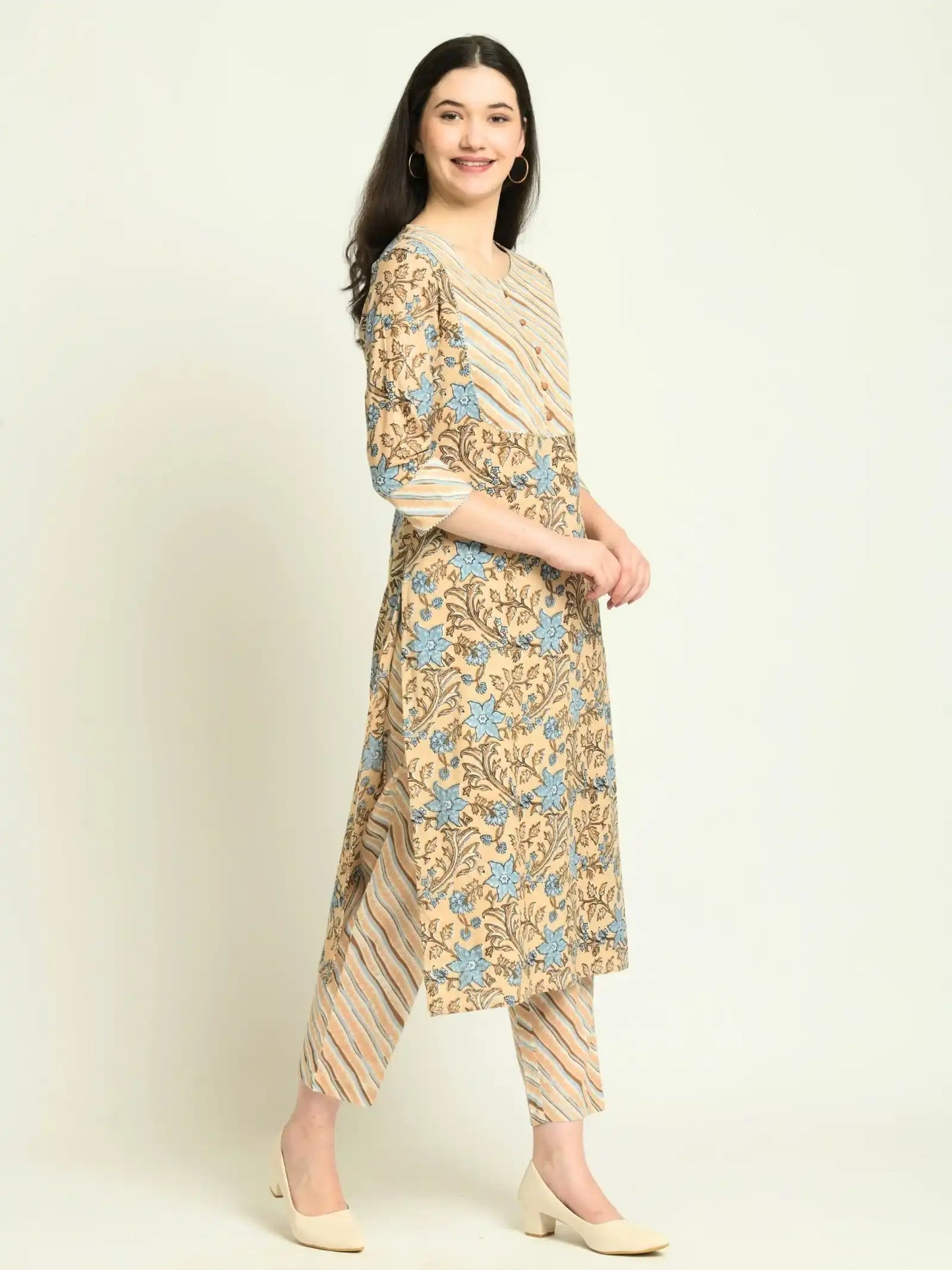 Beige floral print cotton kurta set with striped pants for women, elegant daily wear