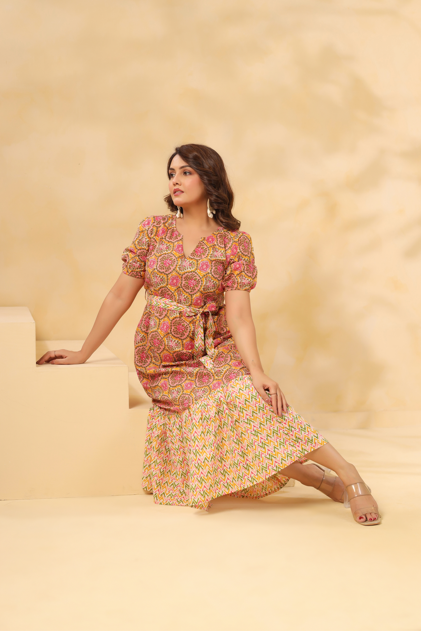 Elegant cotton kurta set with floral and zigzag patterns, perfect for daily wear or celebrations.