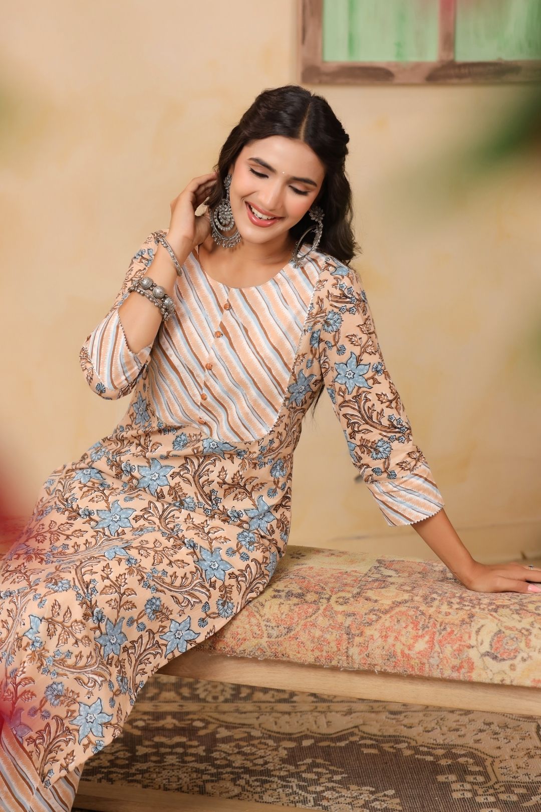 Beige Floral Print Cotton Kurta Set