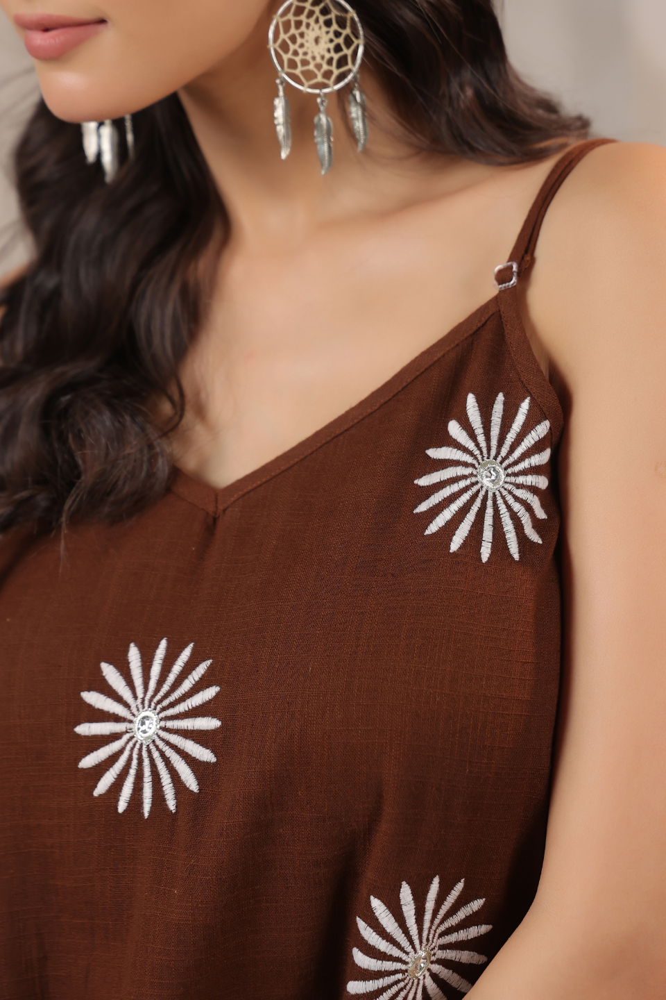 Brown cotton kurta with white floral embroidery, perfect for daily wear or celebrations