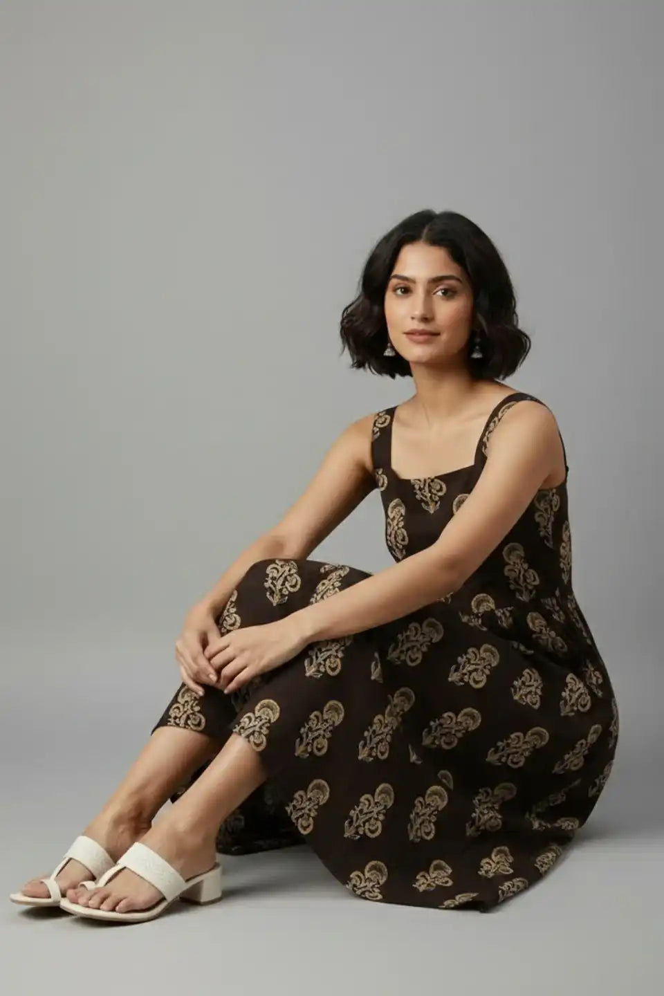 BrownFloralCottonMidiDress-stylingpose - VyomTara