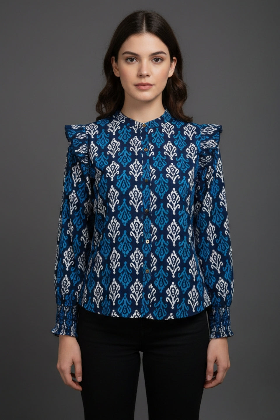 Blue and white patterned cotton kurta with ruffled sleeves for women