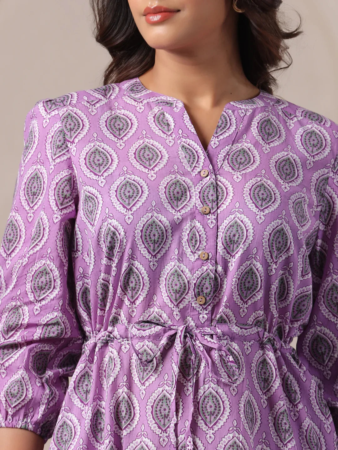 Purple cotton kurta with paisley print, button front, and tie waist for women