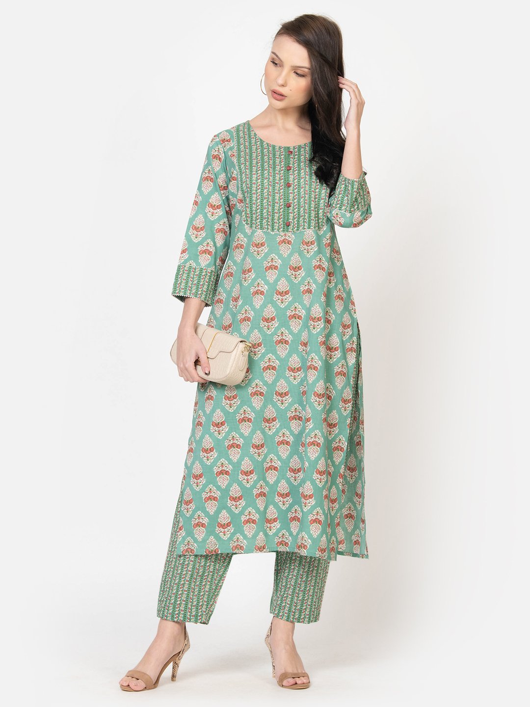 WOMEN’S MUGHAL BUTA PRINT IN GREEN STRAIGHT KURTA WITH PANT SET