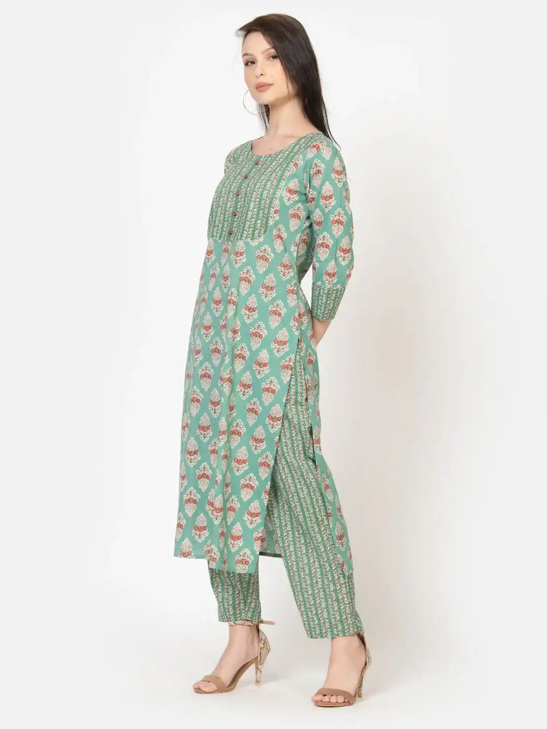 Green printed cotton kurta set with palazzo pants for women, elegant daily wear outfit