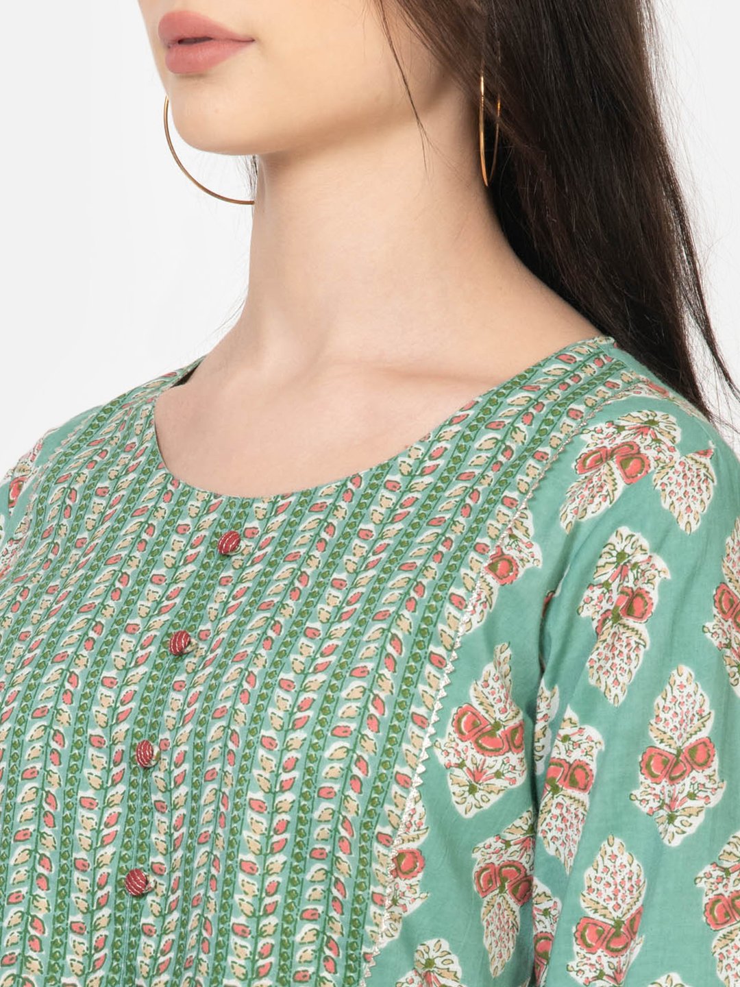 WOMEN’S MUGHAL BUTA PRINT IN GREEN STRAIGHT KURTA WITH PANT SET