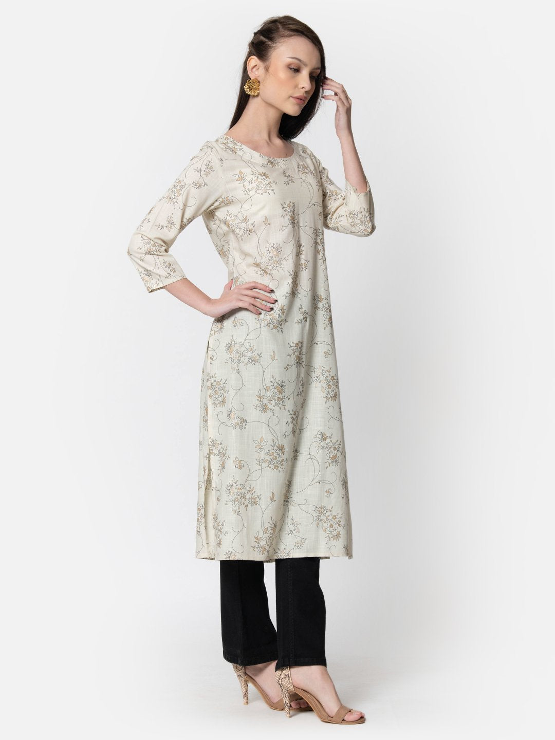 Cream floral print cotton kurta with black pants, elegant daily wear for women
