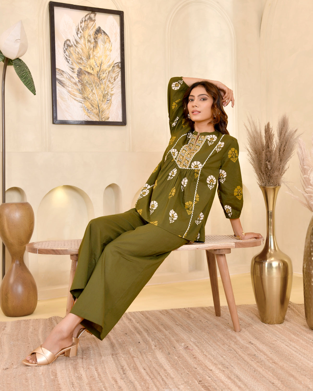 Olive Green Floral Printed Ethnic Top