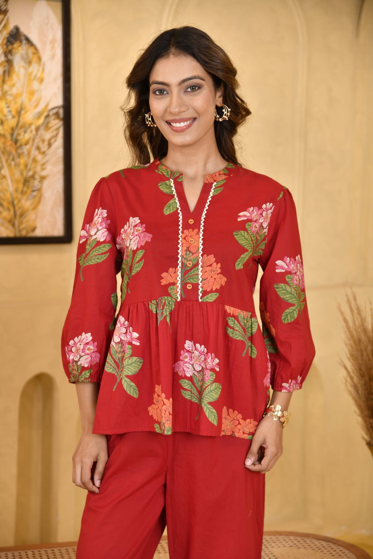 Red Floral Print Peplum Top for Women