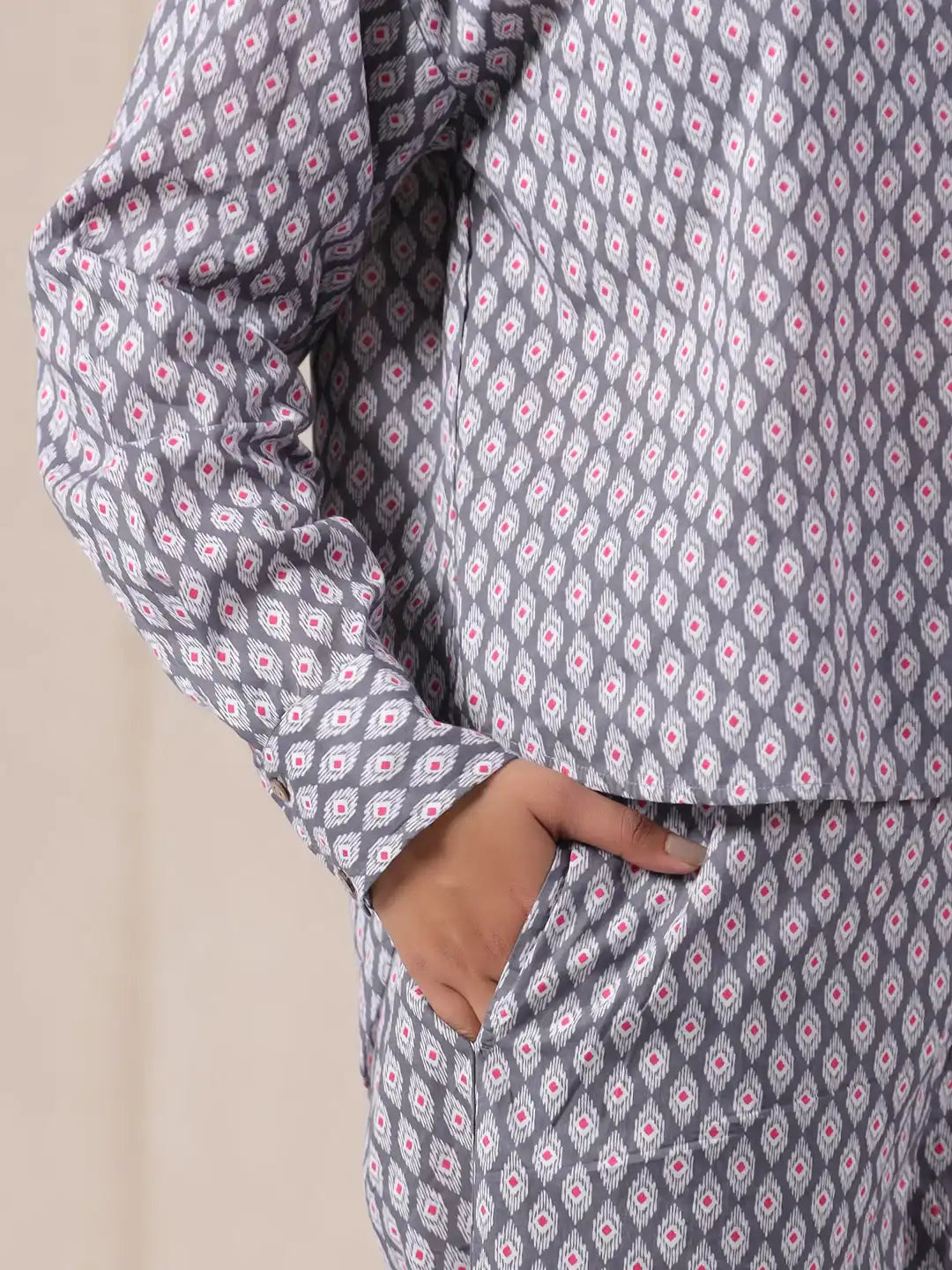 Grey cotton kurta set with white and pink geometric print, handcrafted for daily wear and office