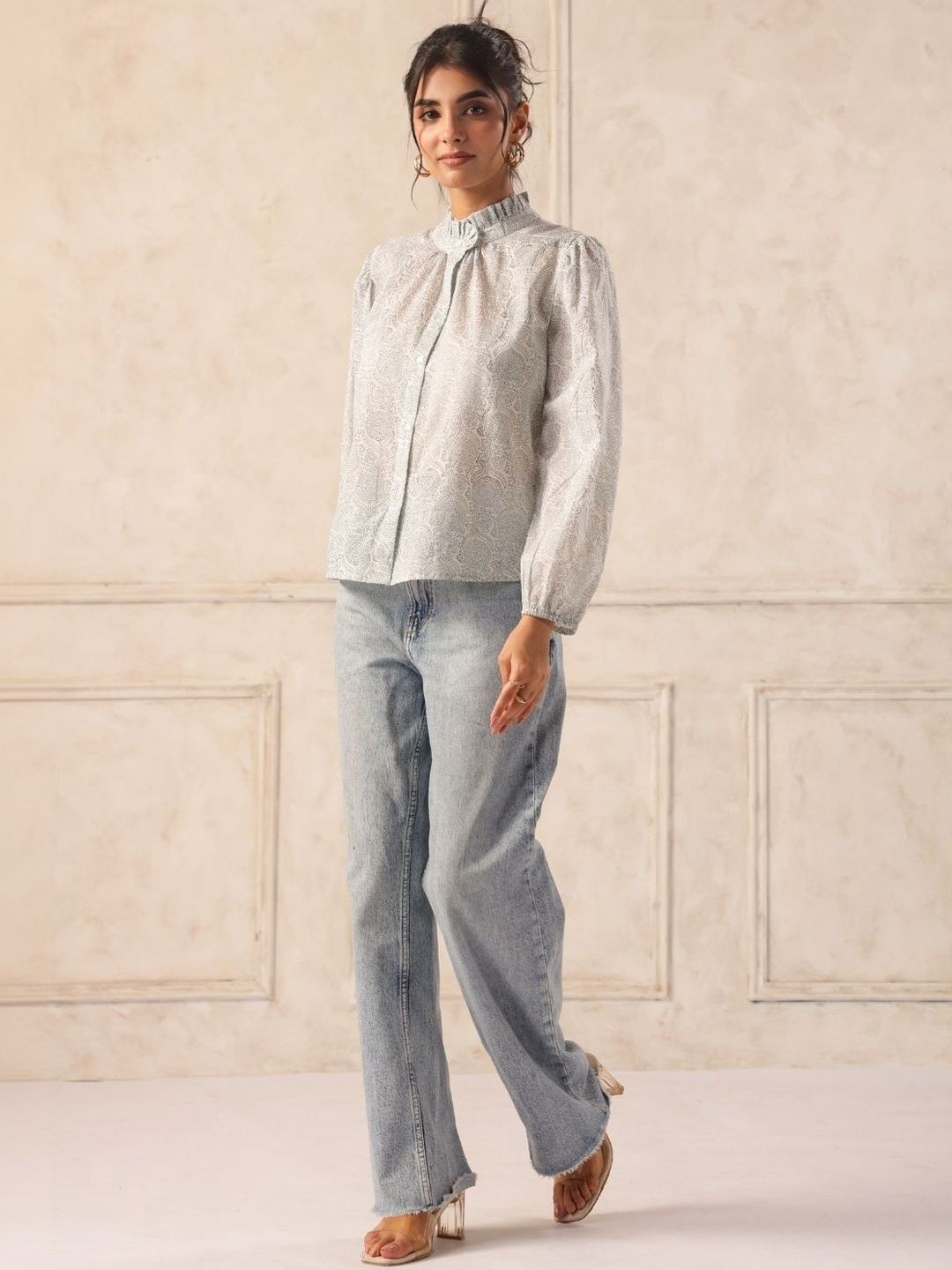 White & Grey Hand Block Print Cotton Ruffle Neck Shirt