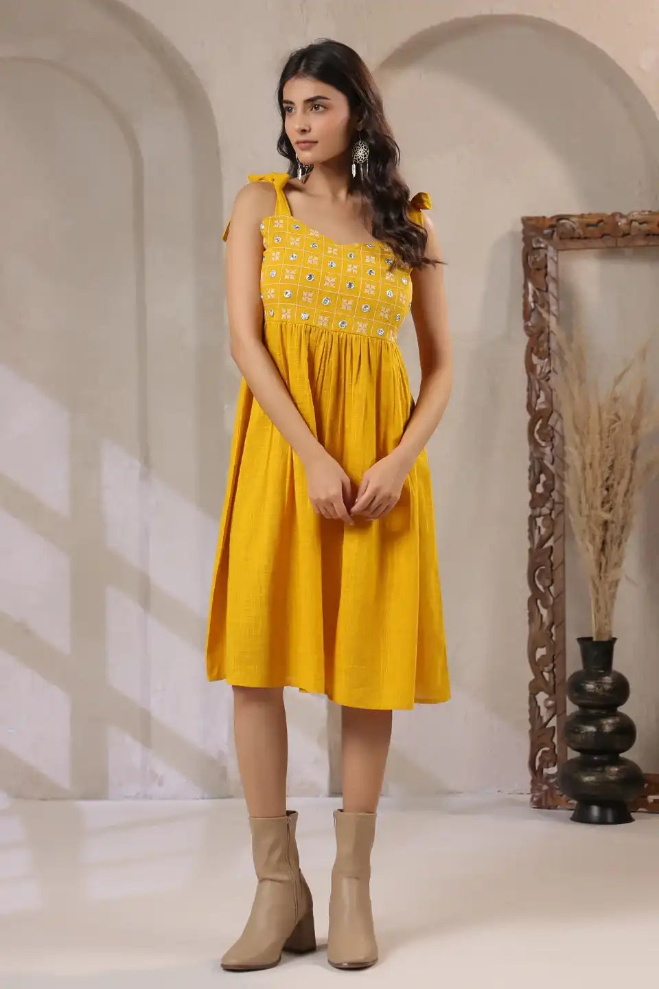 MustardEmbroideredMiniDress-June9clothing - VyomTara