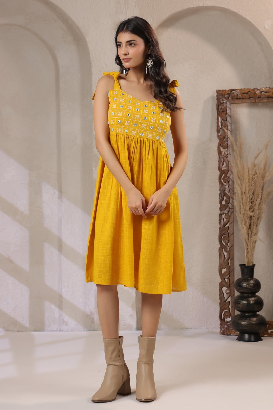 MustardEmbroideredMiniDress-June9clothing - VyomTara