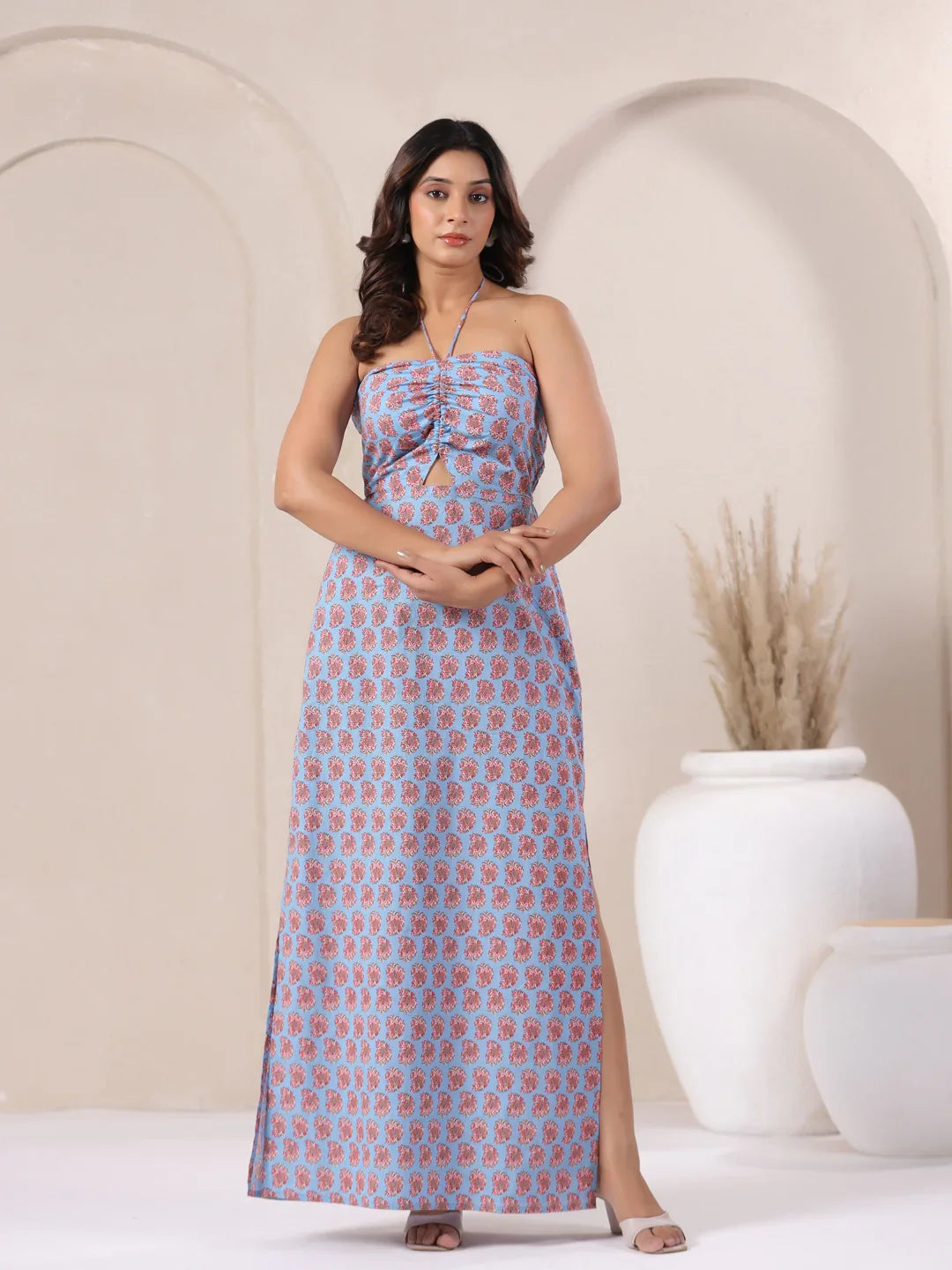 Blue floral print strapless maxi dress with side slit, elegant women's wear for daily or festive occasions