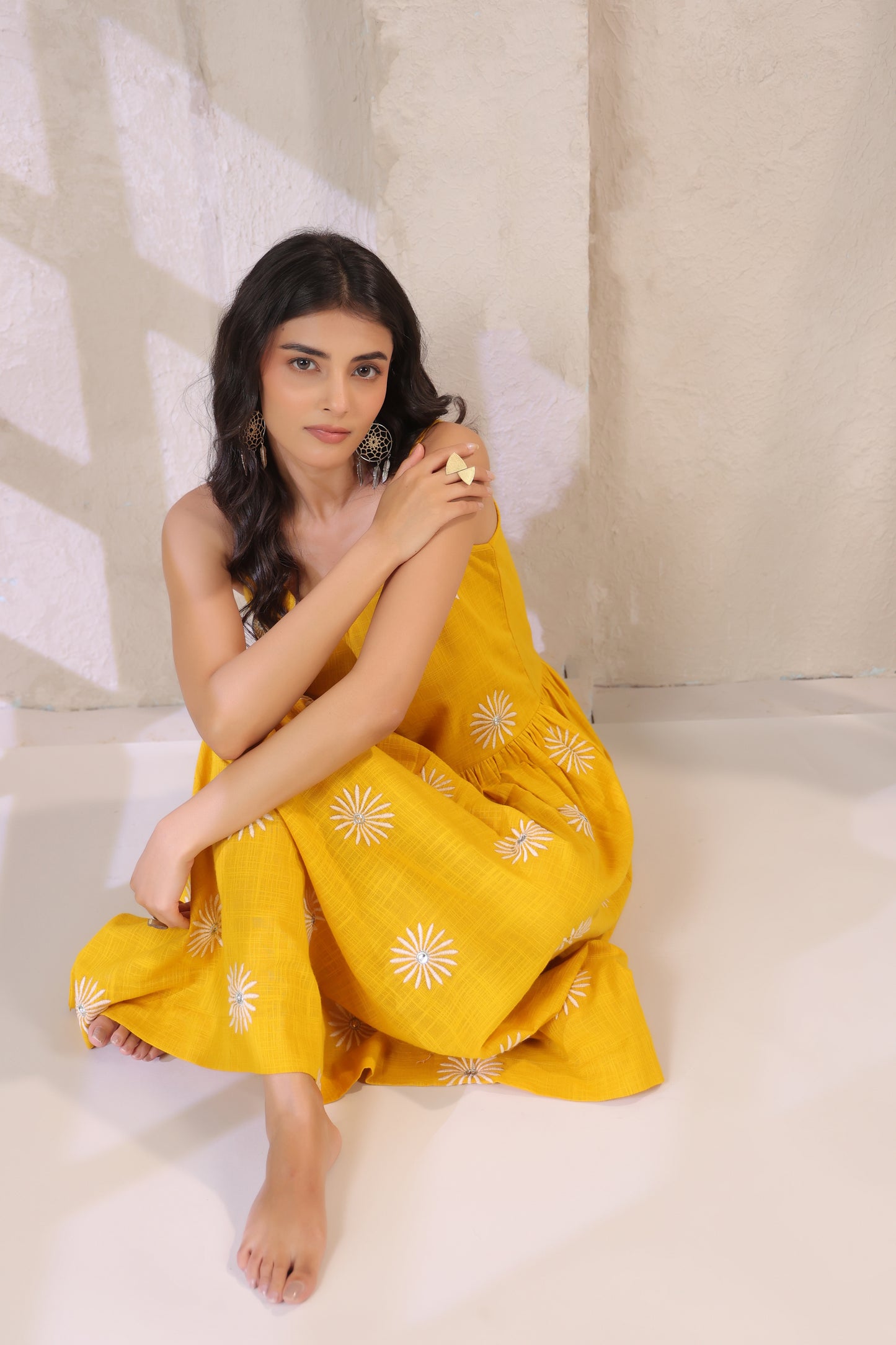 Yellow cotton kurta set with white floral embroidery for women