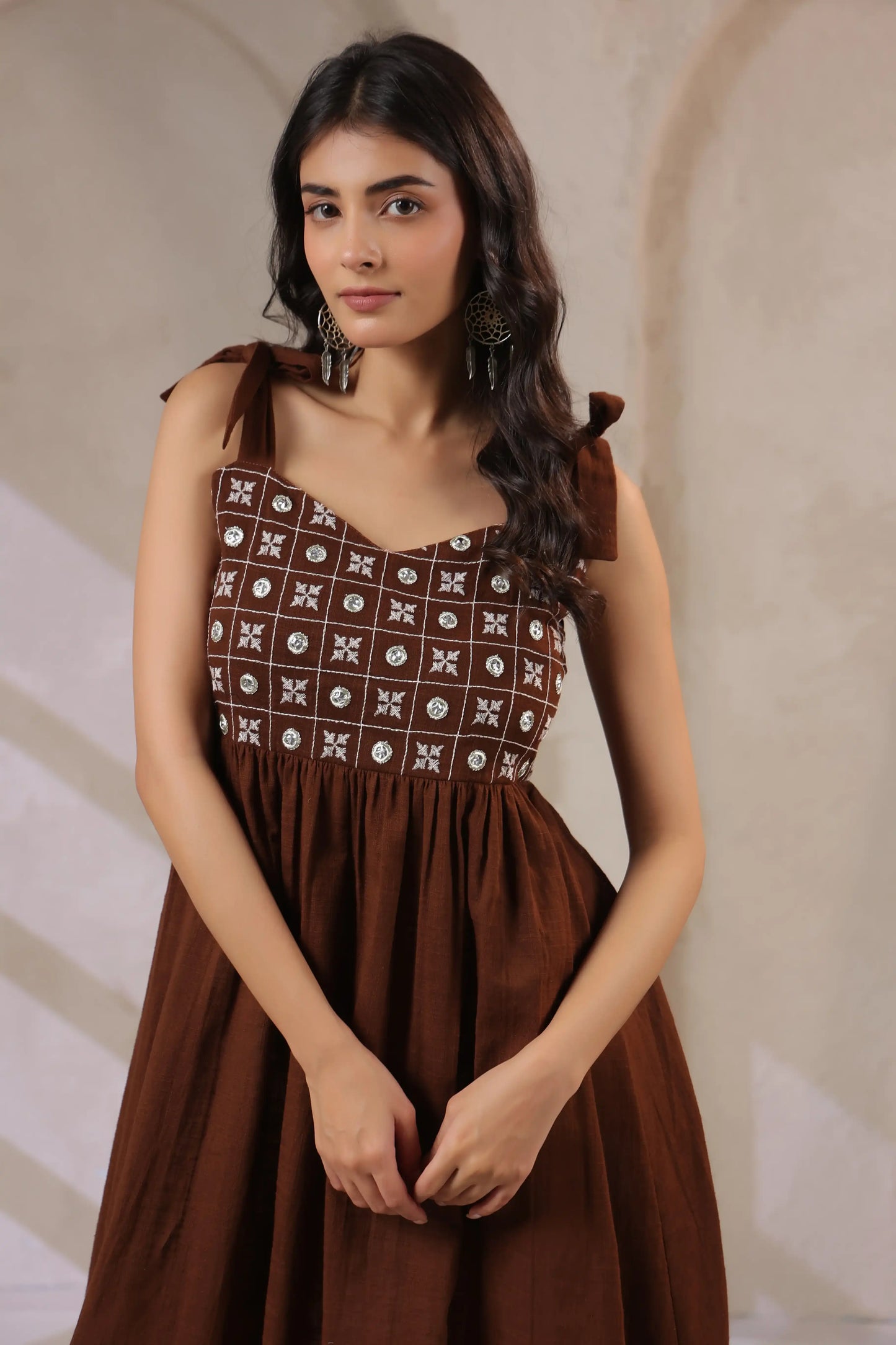 Brown embroidered cotton dress with tie straps for women