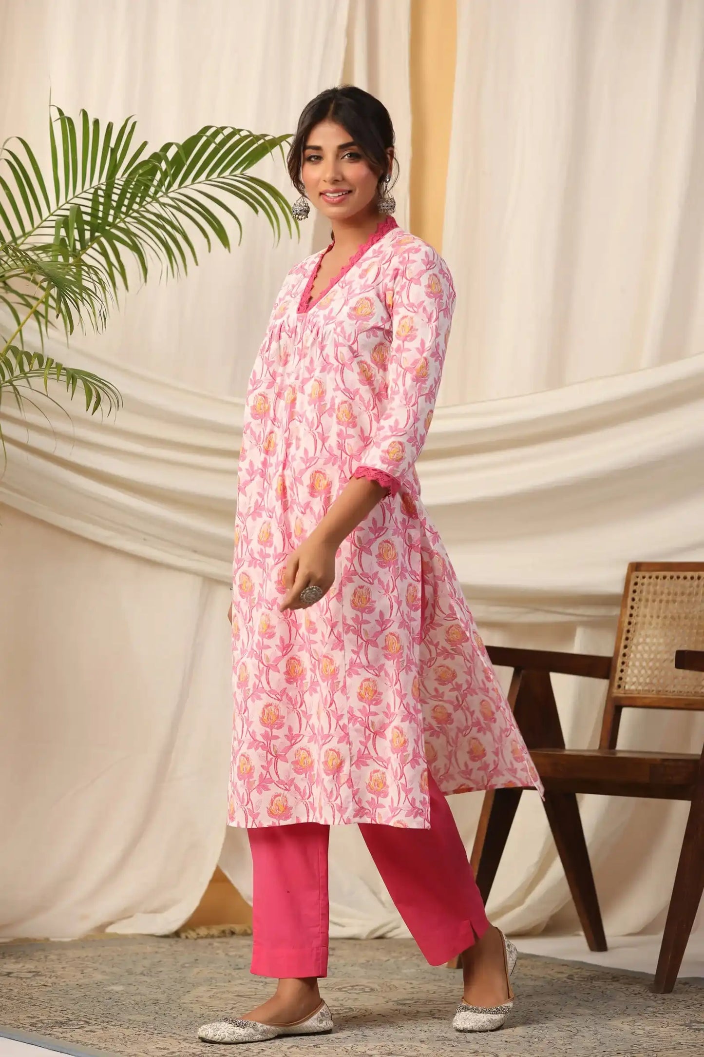 Pink floral print cotton kurta with matching pants, elegant women's ethnic wear for daily or festive occasions