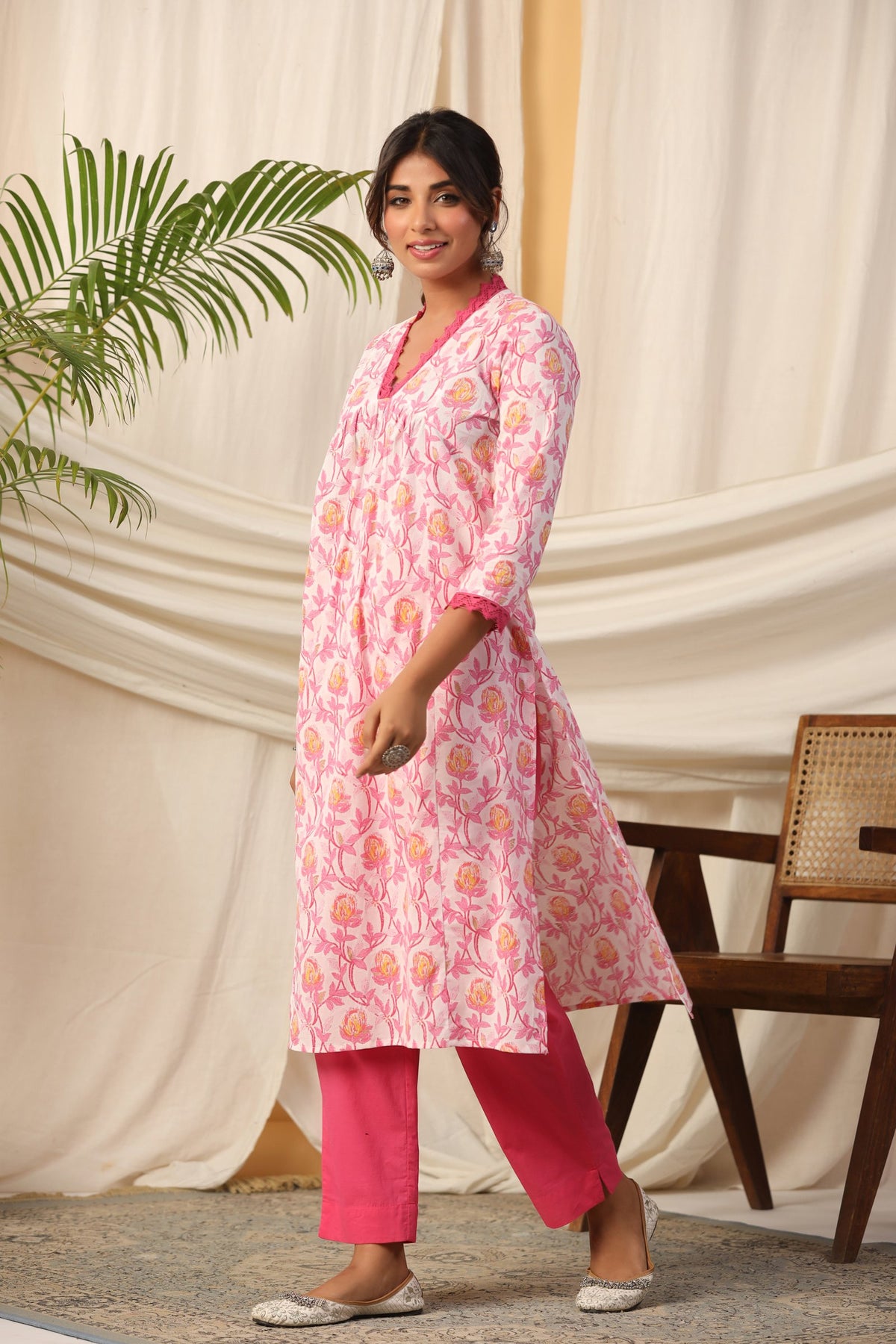 Pink floral print cotton kurta with matching pants, elegant women's ethnic wear for daily or festive occasions