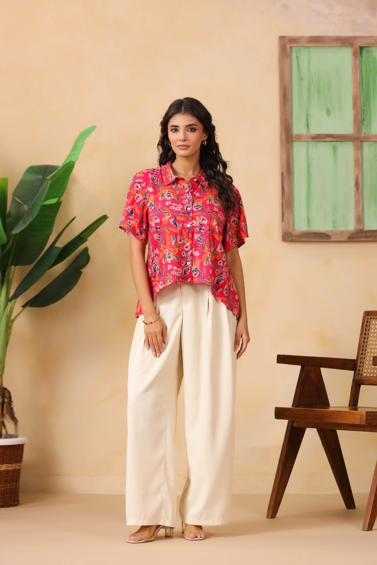 Hot Pink Floral Asymmetric Hem Shirt for Women