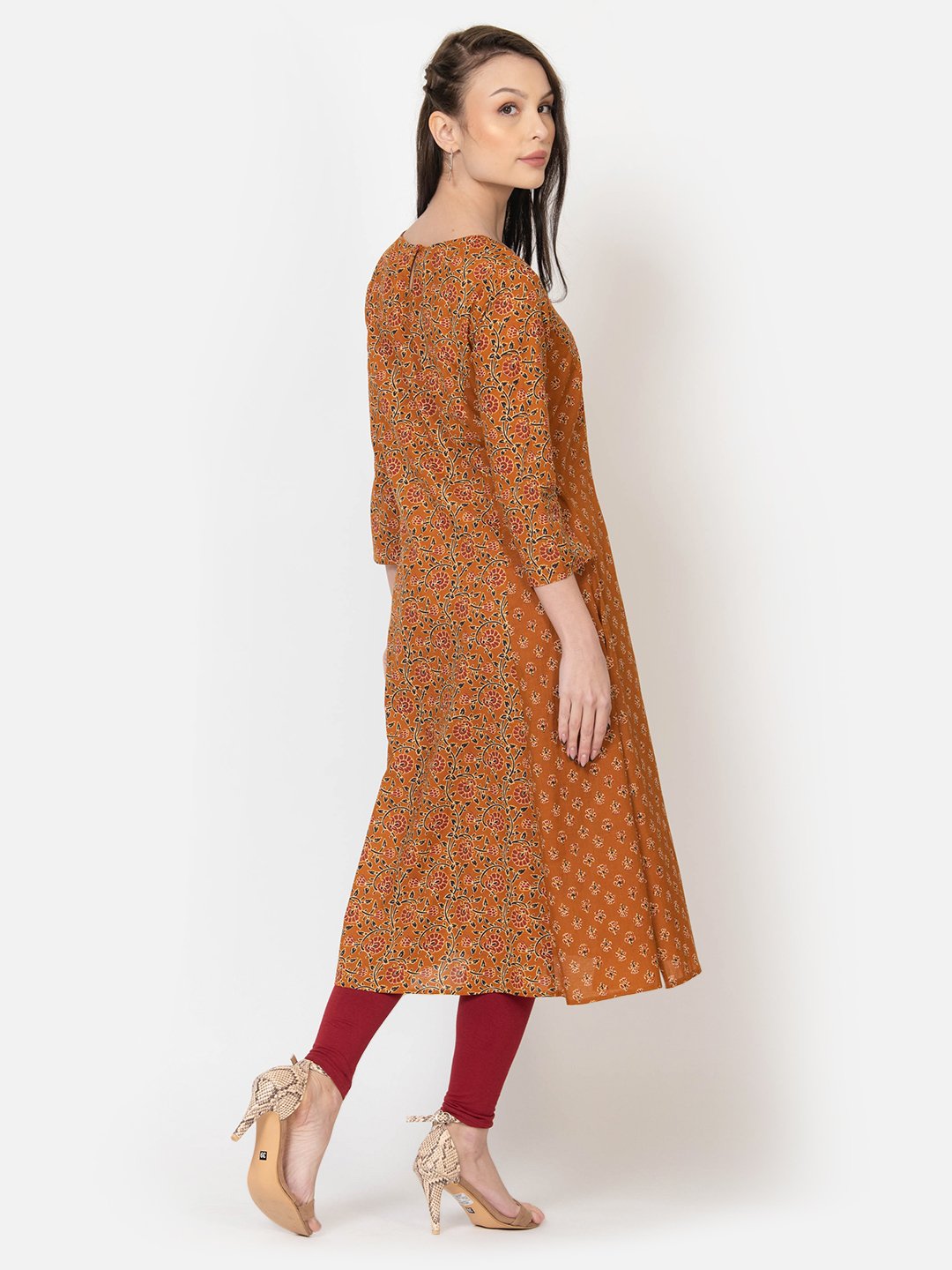 WOMEN'S OCHRE AND MUSTARD A- LINE KALI KURTA